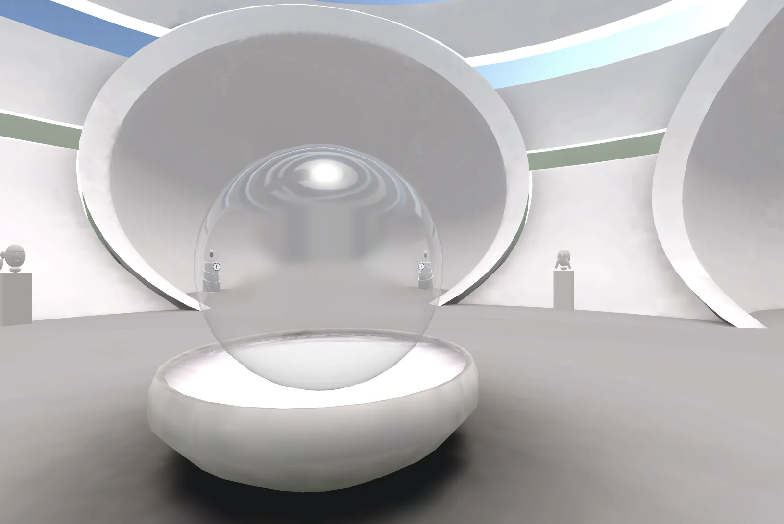 De centrale hal van de Parel in de VR-omgeving, met het glazen oor op een witte sokkel.